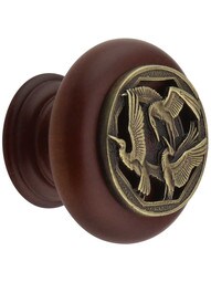 Crane Dance Wood Knob in Cherry/Antique Brass.
